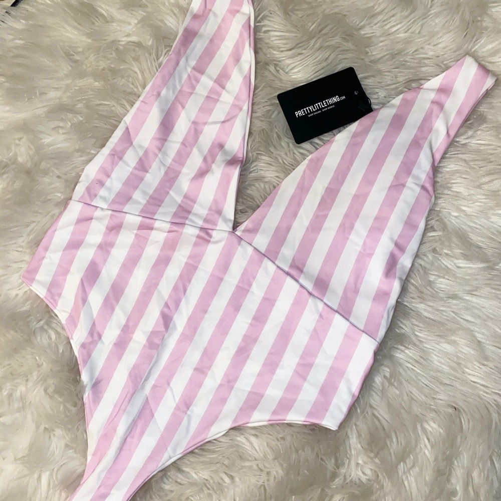 Pink and white stripe high leg one piece swim